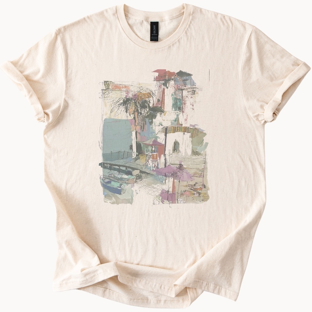 Boho Collage Style Tee with Lifeguard Chair